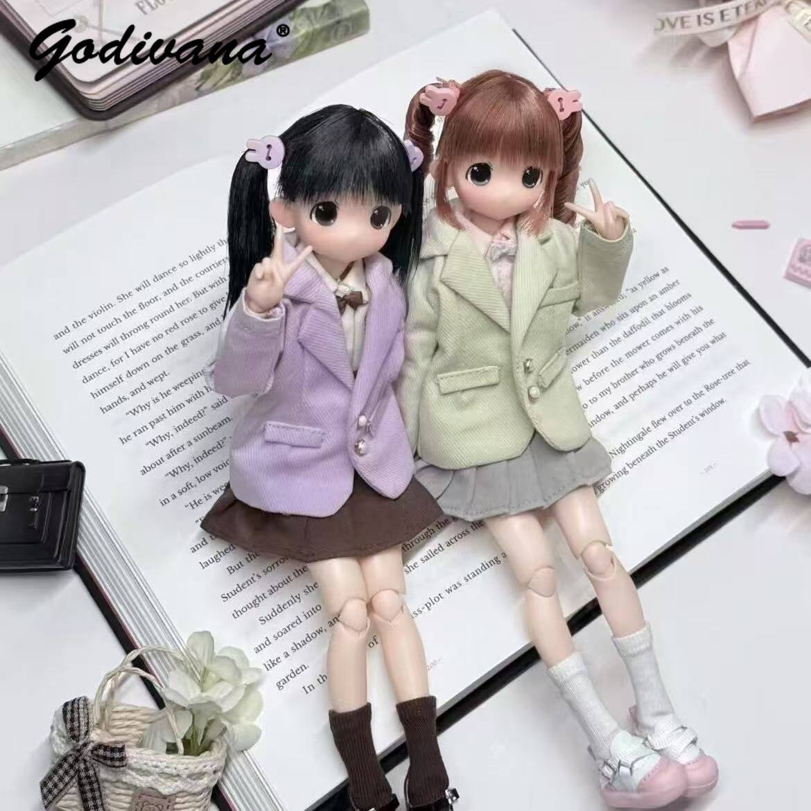 Bjd Doll 1 6 Full Set With Clothes - ชุดเสื้อผ้าตุ๊กตา Blythe/OB22/24/azone สไตล์หวานน่ารัก สำหรับฤดูใบไม้ร่วง เสื้อเบลเซอร์และกระโปรงพลีทพร้อมถุงเท้า ครบเซ็ต